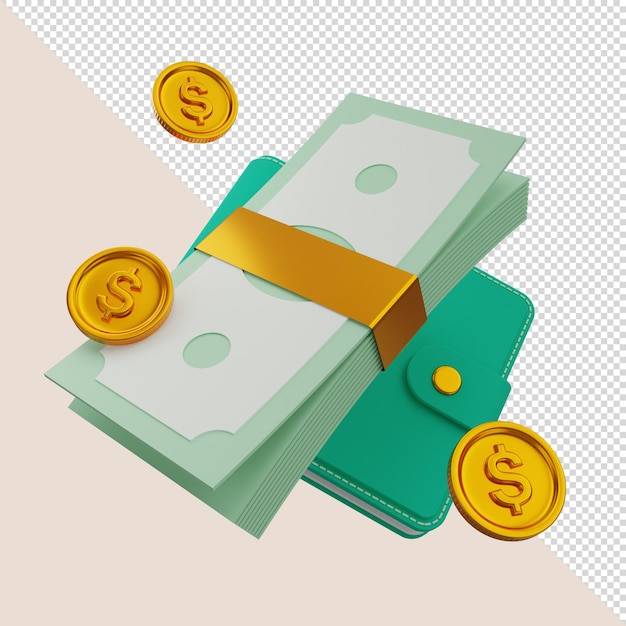 PSD 3d-rendering-geldstapel mit brieftasche und dollarmünzen