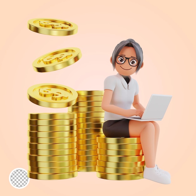 3d-rendering geschäftsfrau sitzt auf den dollarmünzen