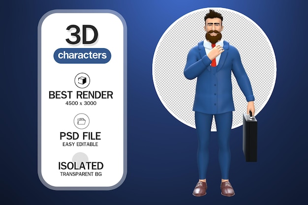 3d-rendering geschäftsmann zeichentrickfigur steht und hält aktentasche isoliert mit hintergrund
