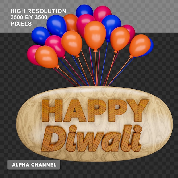 PSD 3d-rendering glücklicher diwali-text mit ballon