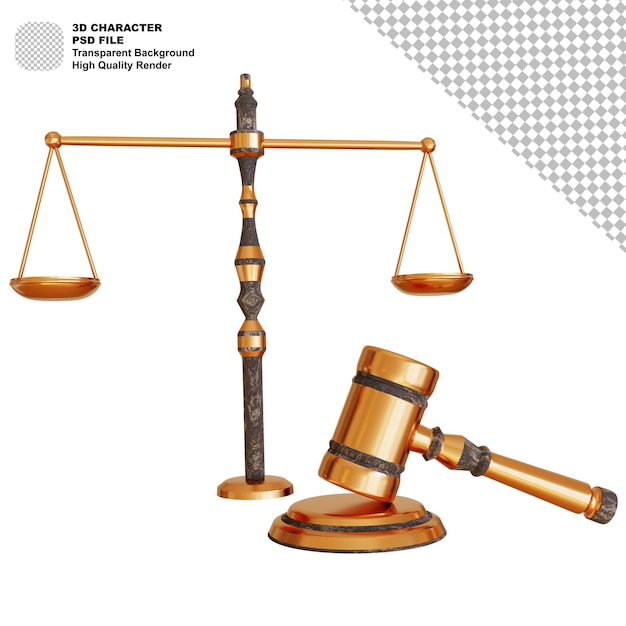 3D-Rendering goldene Gerechtigkeitswaage und goldener Hammer auf weißem Hintergrund. Gerechtigkeitskonzept
