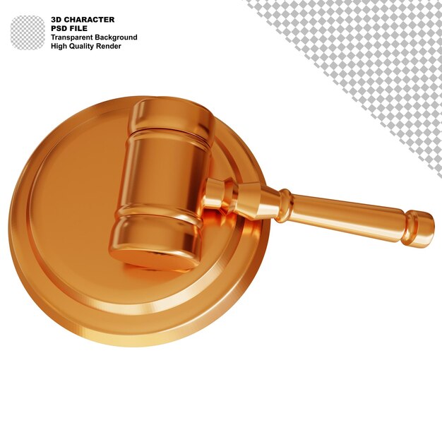 PSD 3d-rendering goldene gerechtigkeitswaage und goldener hammer auf weißem hintergrund. gerechtigkeitskonzept