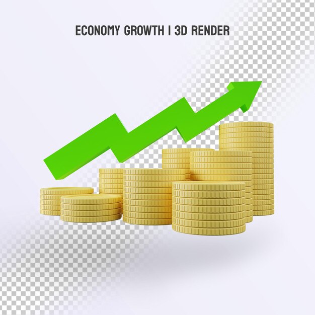 PSD 3d-rendering grüner pfeil wächst und münzstapel mit transparentem hintergrund