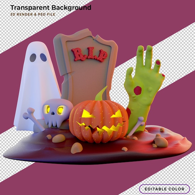 3d-rendering halloween mit geist und kürbis im grab