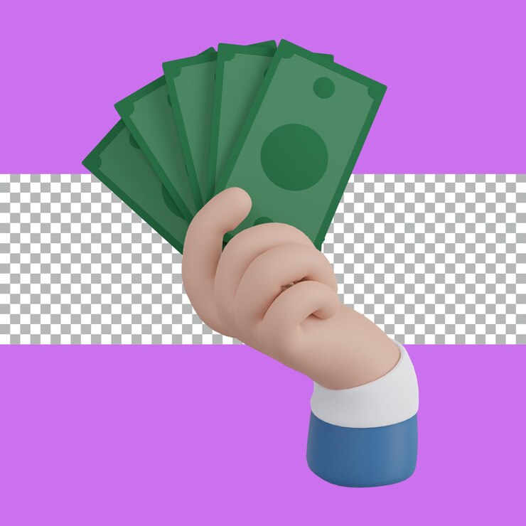 3d rendering hand holding money green dollar tranparent