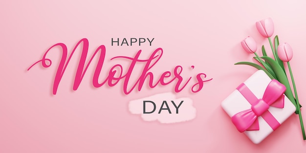 3d-Rendering Happy Mother's Day Illustration Geschenkbox und Tulpenblume auf rosa Hintergrund