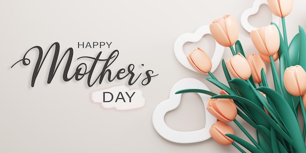 3d-Rendering Happy Mother's Day Illustration orangefarbene Tulpenblume und Herzform auf grauem Hintergrund