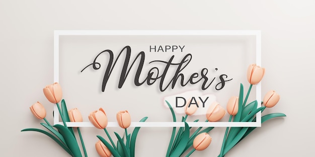 3d-Rendering Happy Mother's Day Illustration orangefarbene Tulpenblume und rechteckiger Rahmen auf grauem Hintergrund