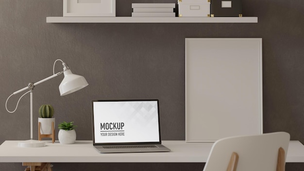 3D-Rendering-Home-Office-Raum mit Laptop-Mock-Up-Rahmendekorationen