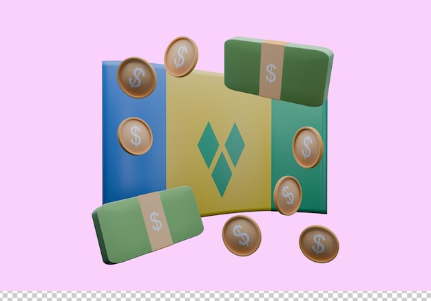 3D-Rendering-Illustration der Flagge von Saint Vincent und den Grenadinen und der Dollar-Währung