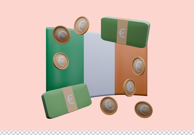 3D-Rendering-Illustration der irischen Flagge und der Euro-Währung