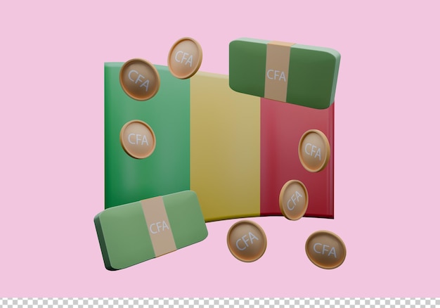 3D-Rendering-Illustration der malischen Flagge und der Franc-Währung