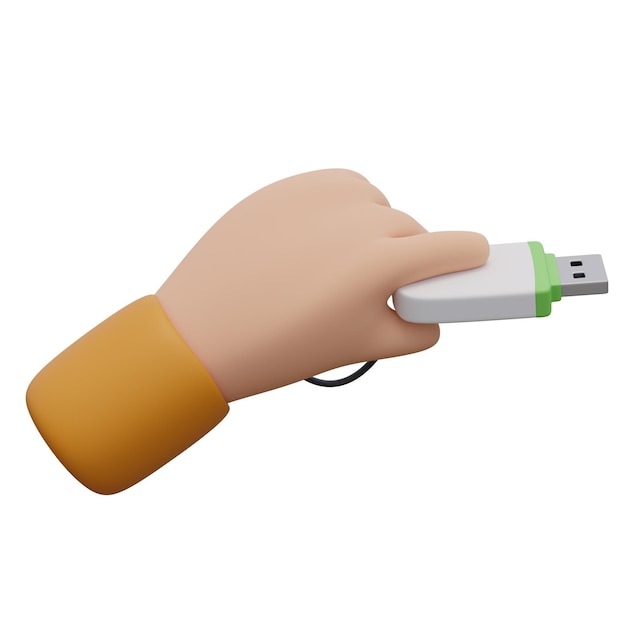 3d-rendering-illustration einer menschlichen hand, die ein offenes weißes usb-flash-laufwerk hält