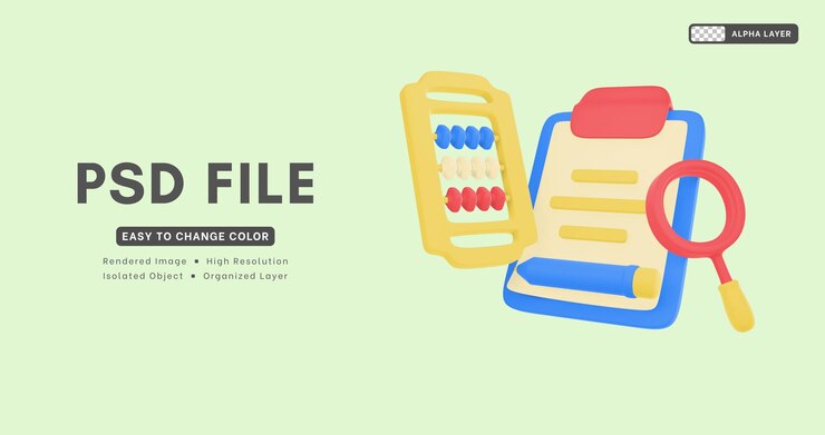 PSD 3d rendering includes magnifying glass pencil notepad and abacus icons