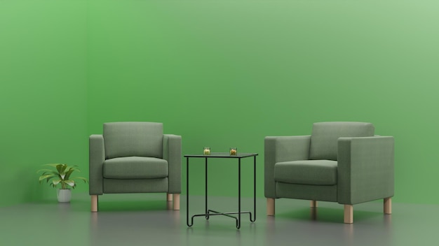 PSD 3d-rendering interieur mit sofa im wohnzimmer mit leerem grünen wandhintergrund