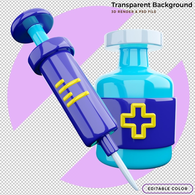 3D rendering jeringa inyección y botella de vacuna