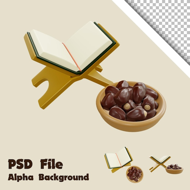 3D-Rendering Jug of Dates und Quran mit Alpha-Hintergrund