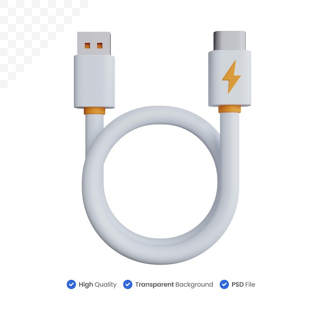 PSD 3d-rendering-kabel usb typ c mit usb-stecker isoliert