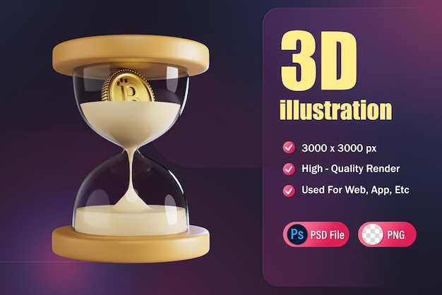 3D-Rendering-Kryptomünzen-Sanduhr für Web-App-Infografik-App