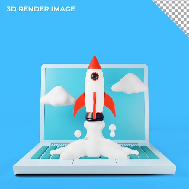 3D-Rendering Laptop mit Raketenstart Business Technology Design Illustration