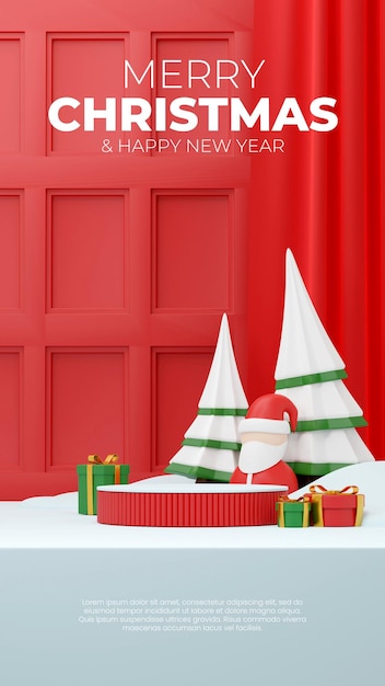 3d-rendering leeres mockup weihnachtliches rotes podium im hochformat weihnachtsmannfigur, geschenkbox und schneebedeckter baum