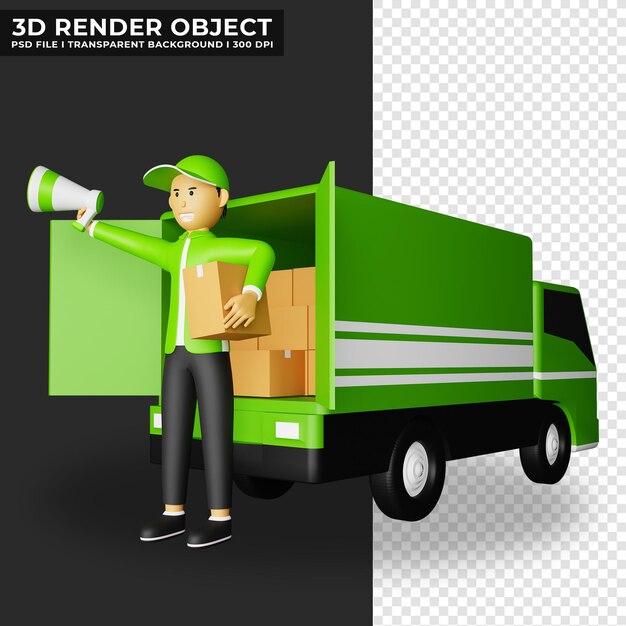 3d-rendering lieferservice kurier mit megaphon