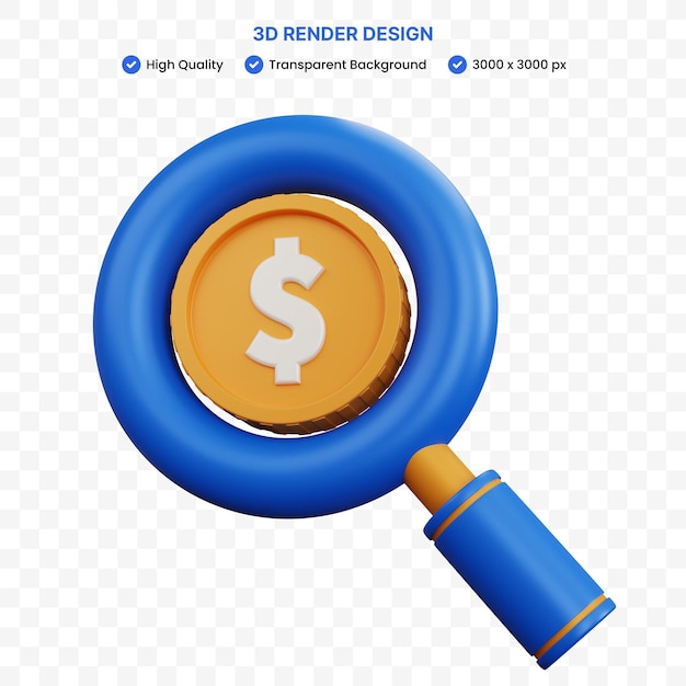 3d-rendering-lupe mit isolierten dollarmünzen