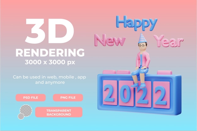 3d-rendering männlicher charakter sitzt auf 2022 illustrationsobjekt mit transparentem hintergrund