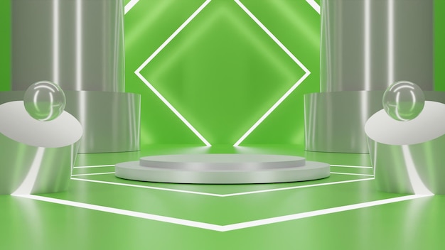 3D-Rendering metallisches weißes Podium auf grünem Hintergrund