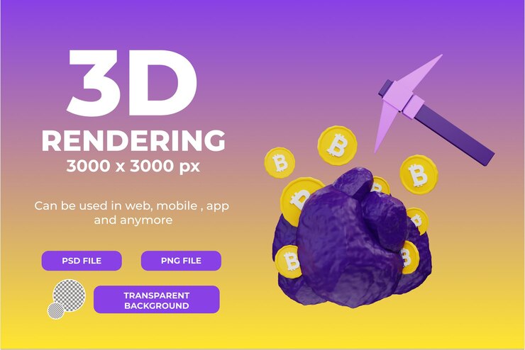 PSD 3d-rendering-mining von bitcoin-illustrationsobjekten mit transparentem hintergrund