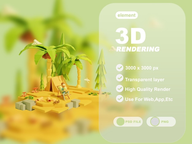 3D-Rendering mit Sommerzeit-Illustration eines Campingmanns, der sich auf dem Strandsand entspannt Premium PSD