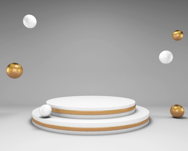 3D-Rendering-Mock-Up-Szene mit weißem Podium und Kugeln mit goldenen Elementen