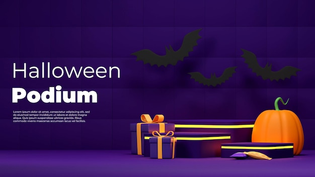 3D-Rendering-Mockup-Halloween aus lila Blockpodium in Landschaft mit Fledermäusen, Kürbis und Geschenkbox