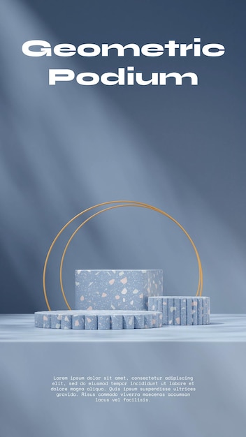 3D-Rendering-Mockup-Szene blaues Terrazzo-Textur-Podium im Porträt-Goldring und blaue Wand