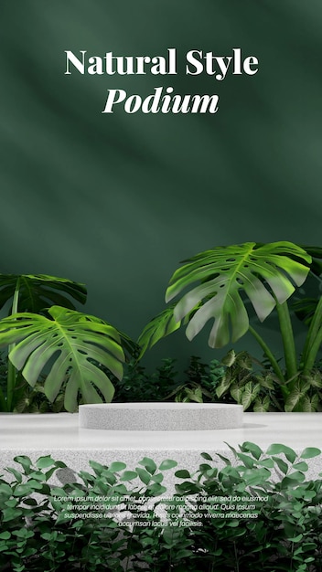 3D-Rendering-Mockup-Vorlage aus weißem Granitpodium im Porträt mit grüner Monstera-Zimmerpflanze