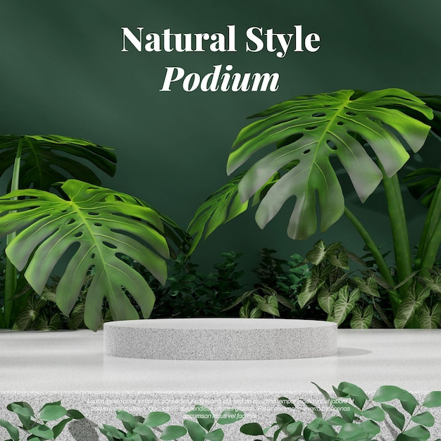 3D-Rendering-Mockup-Vorlage aus weißem Granitpodium im Quadrat mit grüner Monstera-Zimmerpflanze