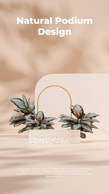 3d-rendering-mockup-vorlage weiß und terrazzo-podium im hochformat mit calathea-pflanze und goldbogen