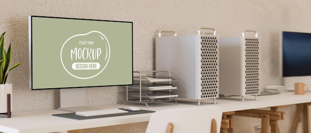 3D rendering moderno ufficio camera interior design due scrivania da ufficio con computer mockup