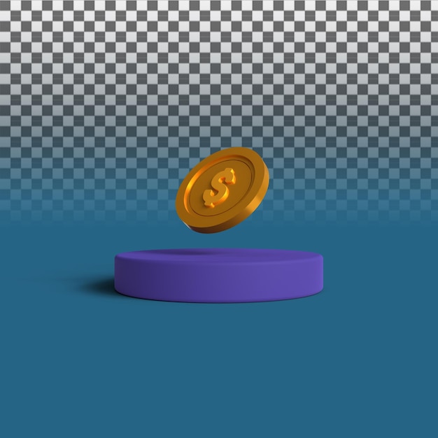 3D-Rendering-Münze mit Podium auf transparentem Hintergrund. 3D-Render-Illustration.