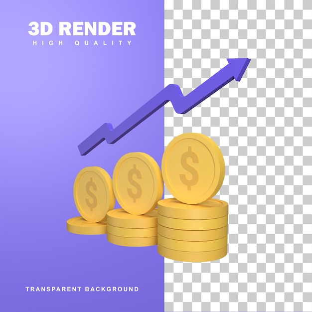 3D-Rendering-Münzen-Dollar mit Pfeil nach oben