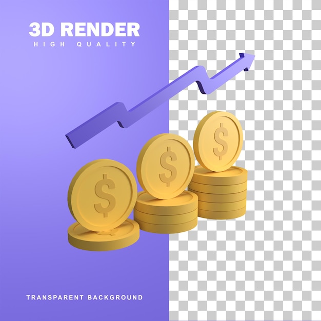 3d-rendering-münzen-dollar mit pfeil nach oben