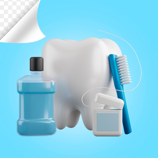 PSD 3d-rendering mundpflege szene zähne mit mundwasser zahnseide und bürste zahnbürste