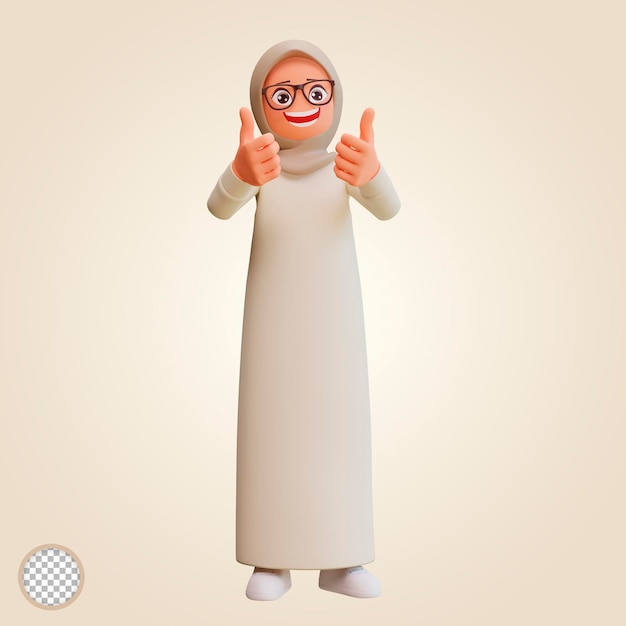 3d-rendering muslimische frau zeigt daumen nach oben