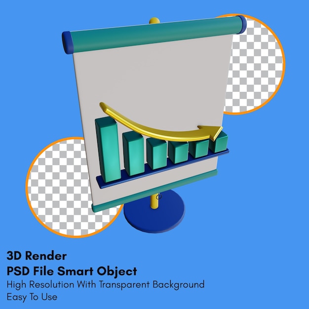 3D-Rendering nach unten Exponentialdiagramm auf Präsentationssymbol mit transparentem Hintergrund
