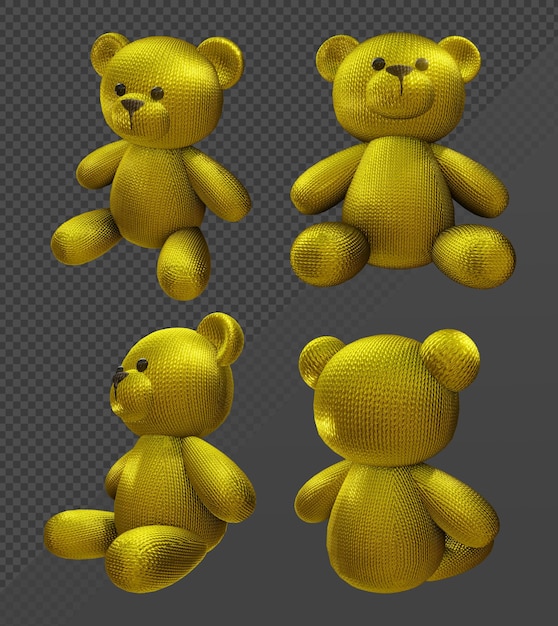 3d-rendering niedliche gold-goldene teddybär-perspektivenansicht