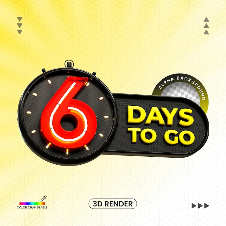 PSD 3d rendering número de 6 días de cuenta atrás del temporizador 3d número con reloj 3d para la composición psd