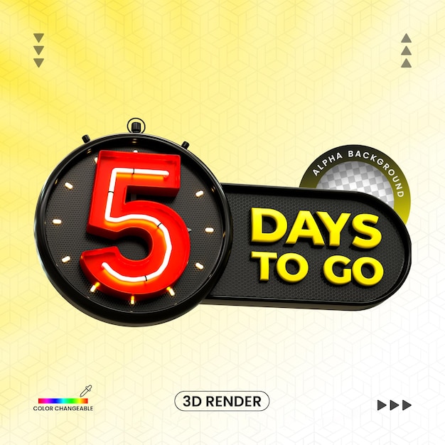 3d Rendering Numero di 5 giorni rimasti timer di conto alla rovescia Numero 3d con orologio 3d per composizione psd