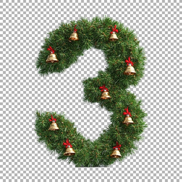 3D Rendering of a alphabet number 3 made with Christmas Tree with Bells on Transparent Background