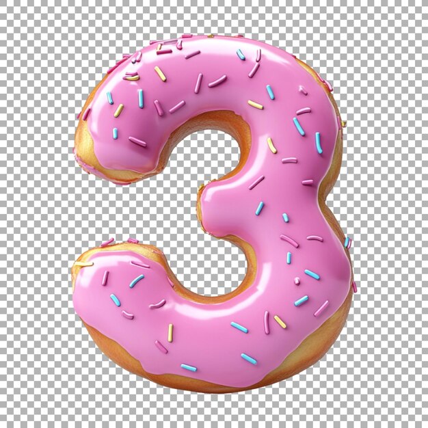 3D Rendering of a alphabet number 3 made with Donut Cartoon on Transparent Background