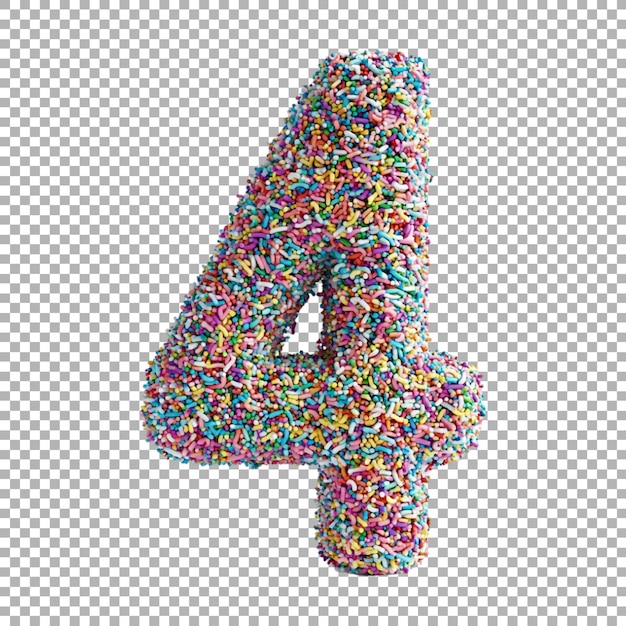 3D Rendering of a alphabet number 4 made with Colorful Sprinkles on Transparent Background